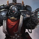 An illustration of a Black Templar Space Marine from Warhammer 40,000 fires a pistol at an unseen foe.